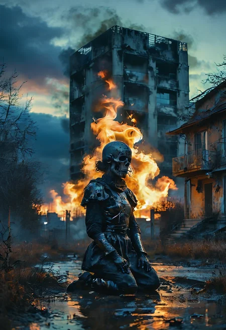 (Full body photograph, ultra-realistic:1.2). score_9, score_8_up, score_7_up, female gothic sexbomb knight , portrait, kneeling, defeated, tired, gothic armor, open helmet, temple, reflections, highly detailed, film grain, <lora:zy_Realism_Enhancer_v1:0.75>
BREAK scenery. sky. outdoors. cloud. fire. building. tree. burning. cloudy sky. smoke. sunset. nature. city. cityscape. blue sky. The photograph captures a moment during sunset with dramatic cloud formations that are tinged by fiery oranges and deep purples against an otherwise muted sky.
<lora:MoodySky_set2:0.67>