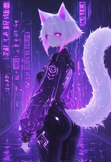 1girl, in the style of xxx667_illu, Masterpiece, best quality, ultra-detailed, anime-style, cinematic lighting, highly detailed face and body, intricate shading, Futuristic cyberpunk humanoid catgirl, standing confidently, neon-lit rainy alley, sleek black form-fitting bodysuit, glowing purple neon lines, long fluffy white tail, sharp golden claw-like nails, white messy hair with neon purple highlights, glowing feline eyes, high-tech katana with intricate glowing patterns, dark futuristic handle wrap, moody cyberpunk cityscape, glowing holograms, wet reflective streets, atmospheric neon lighting, mysterious and powerful stance, playful but dangerous hand gesture.