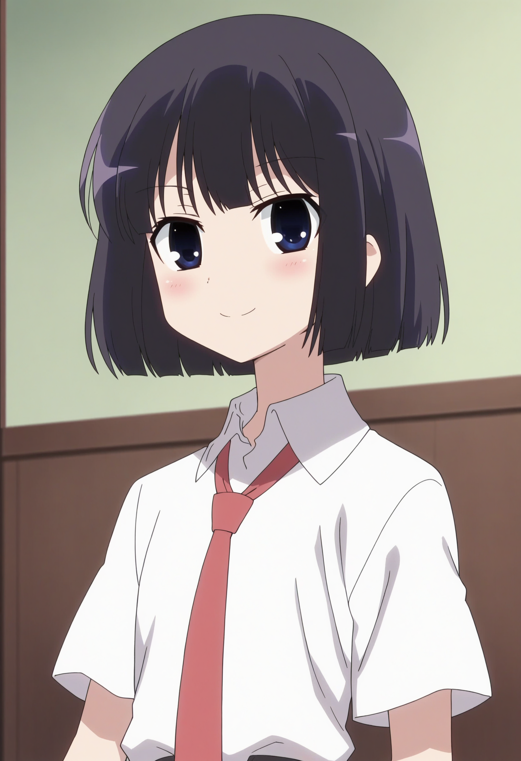 score_9, score_8_up, score_7_up, score_6_up, score_5_up, score_4_up , anime coloring ,BREAK source_anime, anime,screencap,
 1girl, solo, aratas, school uniform, white shirt, necktie, black kneehighs, black eyes, <lora:PonyXL Arata Sagimori V1:1>
indoors, upper body
smile, looking at viewer,