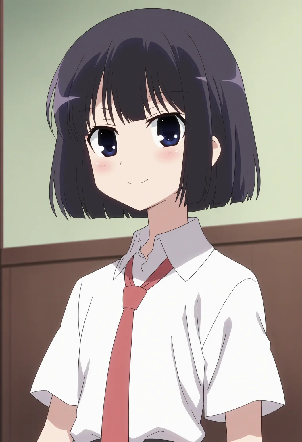 score_9, score_8_up, score_7_up, score_6_up, score_5_up, score_4_up , anime coloring ,BREAK source_anime, anime,screencap,
 1girl, solo, aratas, school uniform, white shirt, necktie, black kneehighs, black eyes, <lora:PonyXL Arata Sagimori V1:1>
indoors, upper body
smile, looking at viewer,