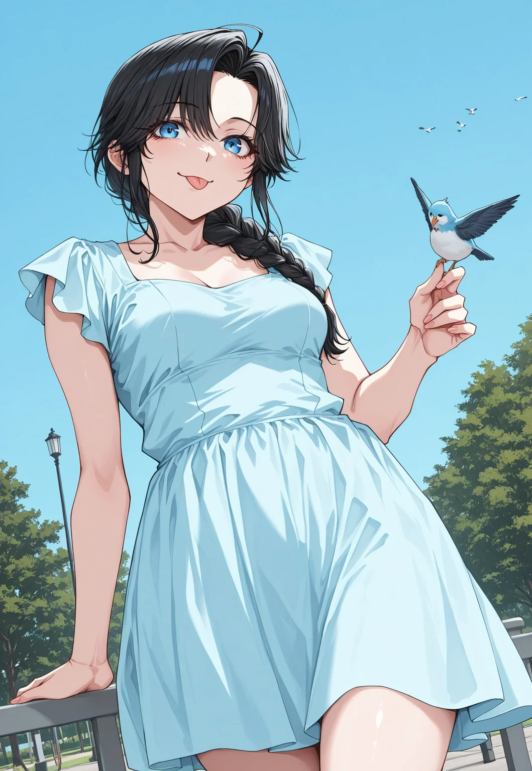 MinekuraStyle, BREAK
1girl, solo, cowboy shot, dutch angle, smile, blue eyes, black hair, braided ponytail, hair over shoulder, tongue out, :P, blue sky, birds, park, cute dress