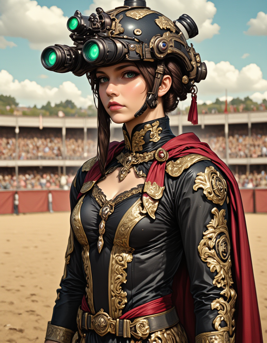 A woman in a traditional Spanish matador outfit, standing in the middle of a bullring. She wears a modern military helmet with a matte black finish, the surface adorned with gold and red accents. The helmet is equipped with two night vision gogglesâlong black tubes with glowing green lensesâthat sit above her eyeline, ready to be flipped down. The helmetâs communication device is seamlessly integrated, with small, discreet wires that blend with the helmetâs design. She stands with one hand on her hip, the other holding a red cape. The bullring is empty, the sand beneath her feet soft and warm. The green glow from the goggles adds a futuristic element to the traditional scene, creating a visual paradox that highlights the merging of ancient and modern worlds., ArsNijiStyle,