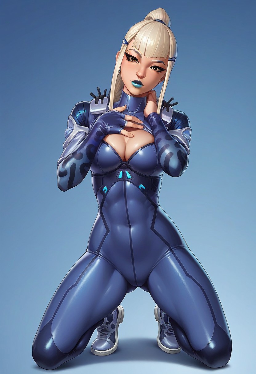 score_9,score_8_up,score_7_up,score_6_up,source_anime, studio lighting, FastNegativeV2, outdoor, 
1girl (Mizuki_Fortnite, solo, white hair, ponytail, two braids, makeup, blue lipstick, latex leggings, look at viewer, tight bra, perfect face, tight outfit), front view, full body