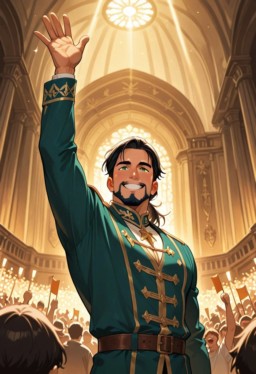 (masterpiece), best quality, 1boy, mbti_enfj, mature man, muscle man, green eyes, black-tied hair, facial hair, grand hall, inspiring speech, crowd cheering, uplifting aura, confident smile, warm lighting, spotlight, regal posture, determined look, leadership, parliament, ornate architecture, flag waving, golden light, blurred background, focus on character