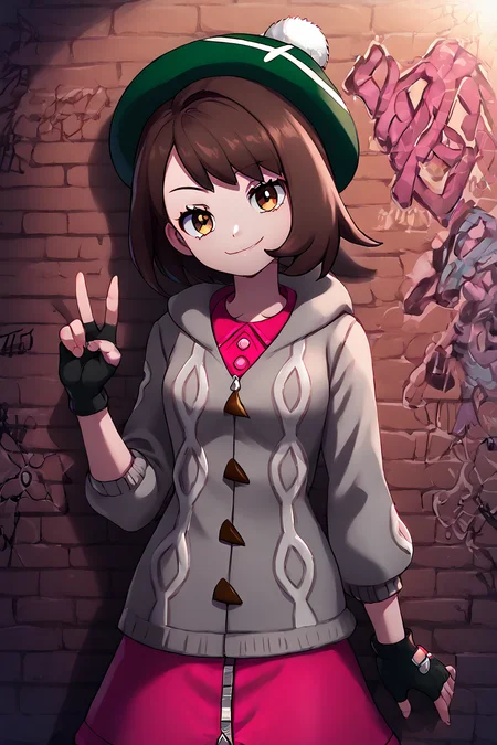 high resolution, highly detailed, perfect lighting, beautiful detailed eyes, ((masterpiece,best quality)), absurdres,      smile,  solo,  <lora:Gloria_Pokemon_P1:0.8>,     gloria (pokemon), solo, smile, looking at viewer, green hat, grey cardigan, hooded cardigan, cable knit, pink dress, zipper, fingerless gloves, multiple belts, shiny clothes, (graffiti:1.2), brick wall, leaning on wall, smirk, smug, v, head tilt,  shiny clothes,