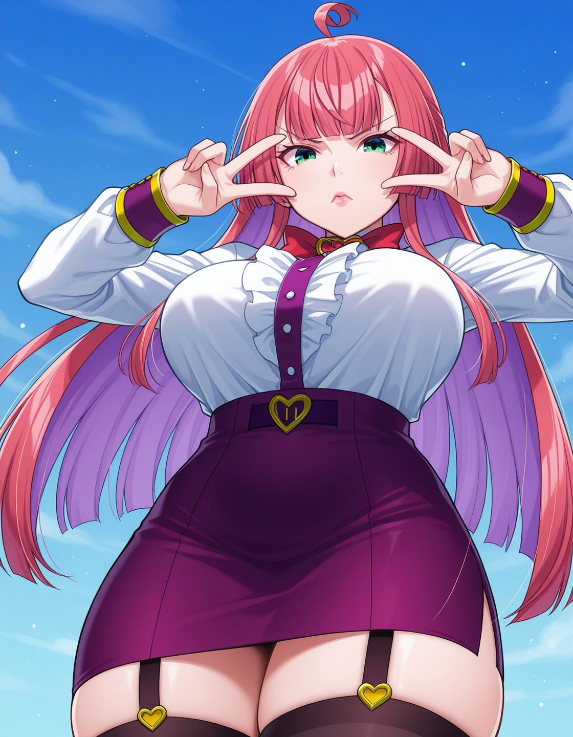 1girl, solo, mitsumoto dia, pink hair, long hair, ahoge, blunt bangs, green eyes, lips, v-shaped eyebrows, large breasts, thick thighs, white shirt, center frilles, red bow, purple skirt, pencil skirt, black thighhighs, garter straps, double v, v over eyes, looking at viewer, blue sky, light theme <lora:mitsumoto_dia_ilxl_v1:0.7>