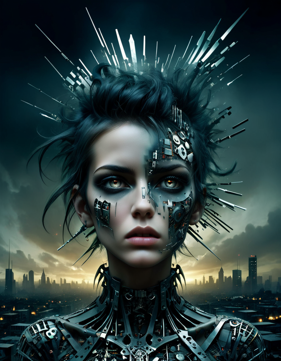 ral-semiconductor, ral-dissolve, x-ray, deconstructed, abstract, surreal, mixed media, collage, outsider-art, avant-garde, punk style, messy art designed by Jeremy Mann and (Greg Rutkowski:0.7) , dramatic Portrait, Desperate Lush [Bauhaus|Industrial] (Girl:1.3) , Designer, at Twilight, shallow depth of field, Urban landscapes, moody atmospheres, chiaroscuro, fantasy illustration, moody atmospheres, cinematic, dramatic lighting, epic scenes, <lora:ral-semiconductor:0.35> <lora:DeconDada2:0.85> <lora:ral-dissolve-sdxl:0.45>, cinematic, epic, dynamic, highly intricate, professional fine composition