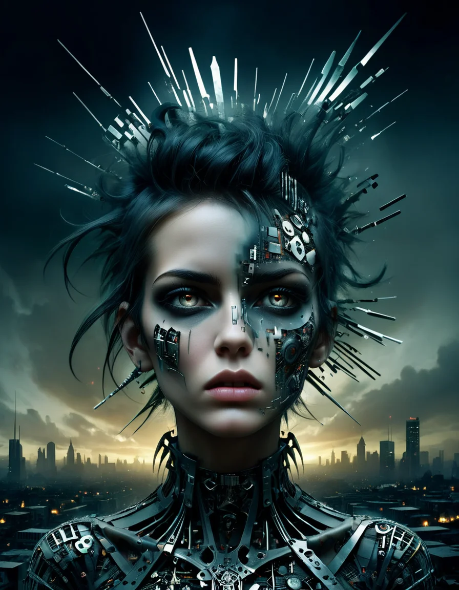 ral-semiconductor, ral-dissolve, x-ray, deconstructed, abstract, surreal, mixed media, collage, outsider-art, avant-garde, punk style, messy art designed by Jeremy Mann and (Greg Rutkowski:0.7) , dramatic Portrait, Desperate Lush [Bauhaus|Industrial] (Girl:1.3) , Designer, at Twilight, shallow depth of field, Urban landscapes, moody atmospheres, chiaroscuro, fantasy illustration, moody atmospheres, cinematic, dramatic lighting, epic scenes, <lora:ral-semiconductor:0.35> <lora:DeconDada2:0.85> <lora:ral-dissolve-sdxl:0.45>, cinematic, epic, dynamic, highly intricate, professional fine composition