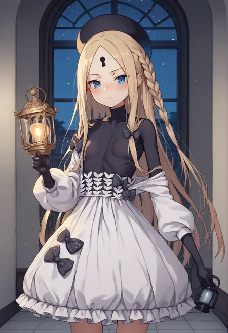 1girl, blonde hair, long hair, blue eyes, forehead, sidelocks, braid, keyhole, forehead mark, polka dot bow, hair bow, parted bang, grey dress, long sleeves, skirt, bodystocking, gloves, beret, bare legs, holding lantern, serious, night, hallway, mansion, night sky, window, indoors, cowboy shot, blushing <lora:abby_xl:1>, score_9, score_8_up, score_7_up, score_6_up, score_5_up, score_4_up, BREAK source_anime, masterpiece