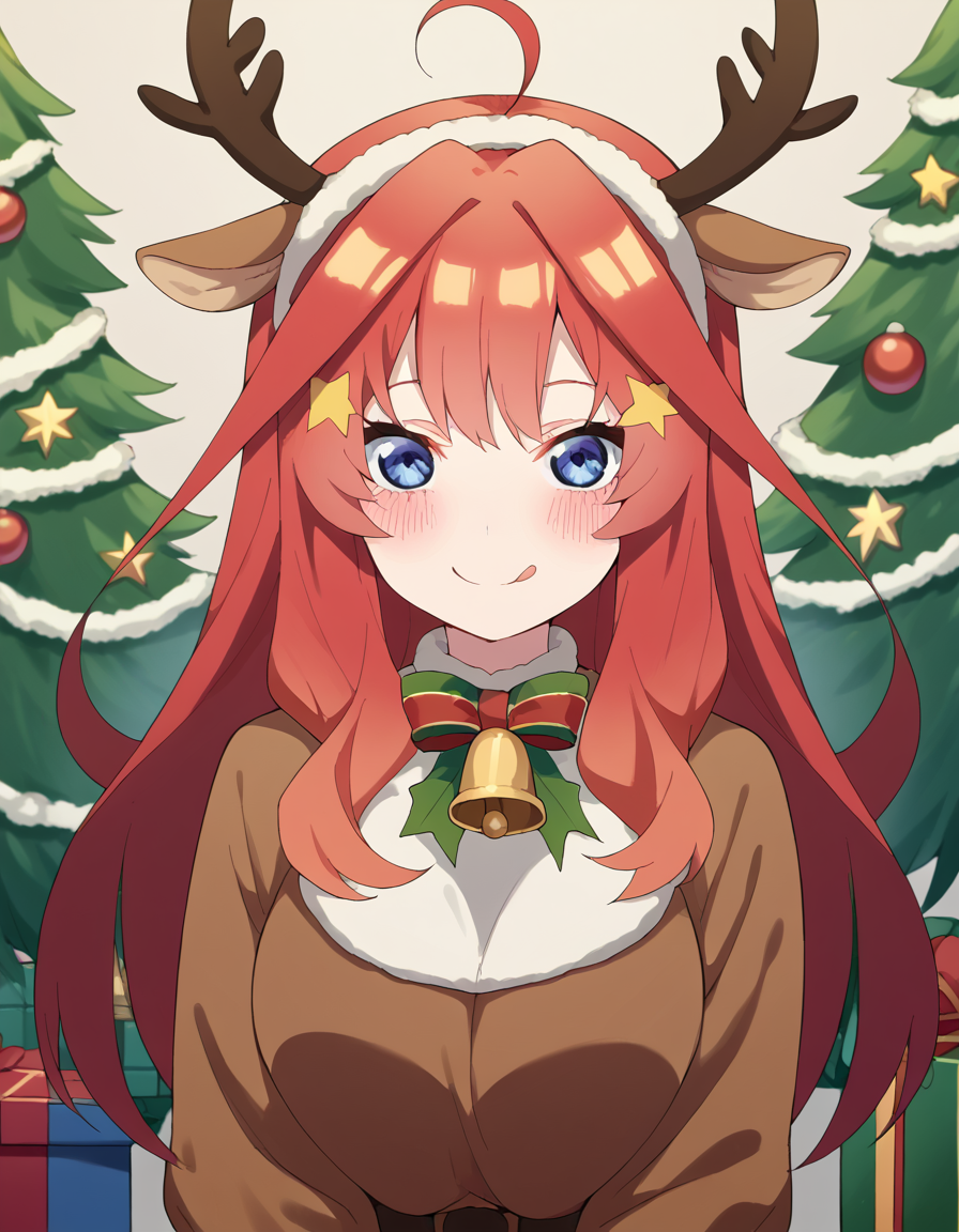 score_9, score_8_up, score_7_up, source_anime, <lora:itsuki-nakano-s2-ponyxl-lora-nochekaiser:1>, itsuki nakano, bangs, long hair, blue eyes, hair between eyes, ahoge, red hair, star (symbol), hair ornament, star hair ornament, large breasts, <lora:reindeer-costume-ponyxl-lora-nochekaiser:1>, reindeer costume, animal costume, reindeer antlers, antlers, fake antlers, reindeer hood, christmas, red nose, deer ears, deer tail, christmas tree, bell, horns, reindeer,, blush, smile, tongue out, looking at viewer,,