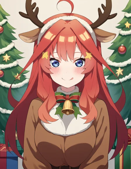 score_9, score_8_up, score_7_up, source_anime, <lora:itsuki-nakano-s2-ponyxl-lora-nochekaiser:1>, itsuki nakano, bangs, long hair, blue eyes, hair between eyes, ahoge, red hair, star (symbol), hair ornament, star hair ornament, large breasts, <lora:reindeer-costume-ponyxl-lora-nochekaiser:1>, reindeer costume, animal costume, reindeer antlers, antlers, fake antlers, reindeer hood, christmas, red nose, deer ears, deer tail, christmas tree, bell, horns, reindeer,, blush, smile, tongue out, looking at viewer,,