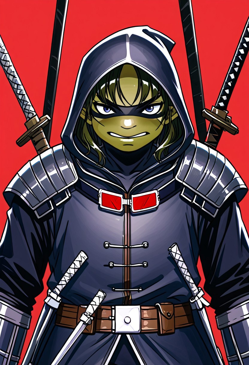 masterpiece, best quality, amazing quality, very aesthetic, high resolution, ultra-detailed, absurdres, newest, Lofi anime style, soft anime art, kawaii elf, Painted anime illustration, tmnt the last ronin, the last ronin, tmnt, hood, sai, swords, nunchaku, ninja turtle, bo staff, ninja armor