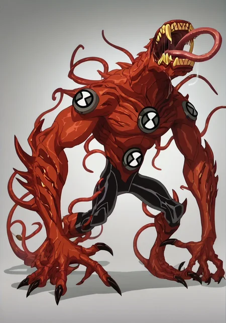 score_9, score_8_up, score_7_up, screencap, <lora:ben10-08:1> ben10, solo, no humans, full body, bodysuit, badge,detailed background, <lora:AIPansen_Carnage:1> teeth, monster, sharp teeth, claws, no humans, tongue, muscular, saliva, long tongue, tongue out, tentacles, glowing, white eyes, red skin