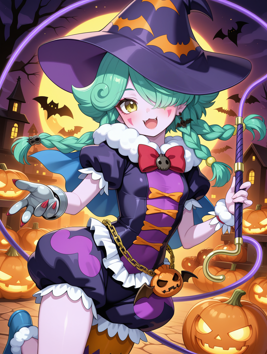 abyss actor - leading lady, 1girl, solo, hair over one eye, smile, :3, open mouth, facial mark, purple skin, skull hair ornament, purple witch hat, bat bag, red bow, purple dress, purple bloomers, single glove, single legwear, single wrist cuff, bat earrings, blue cape, jack-o'-lantern bat \(animal\), holding whip, whip,
masterpiece,best quality,amazing quality,very aesthetic,absurdres,newest,<lora:Abyss Actor - Leading Lady illusXL v1.2:0.72>,