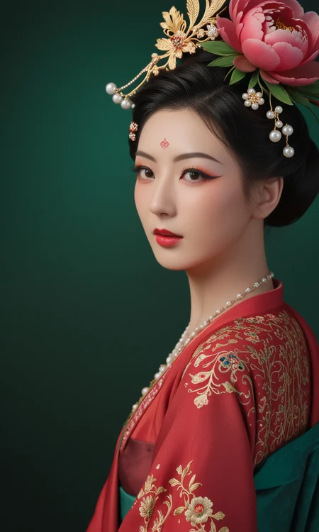 Top photography works, masterpiece, best quality, newest, absurdres, highres,
(1girl/gsfh, hwf, solo, hair ornament, jewelry, necklace, realistic, black hair, portrait, lips, red hanfu, wedding, makeup, updo, full chest, Focus on the face, Focus on the eyes, very detail face, very beautiful face, very clear face, very clear eyes, perfect black eyes),
from behind, looking back, looking at the viewer,
masterpiece, best quality, amazing quality, very aesthetic, absurdres, newest, haute couture,
minimalistic composition, (dark green background details/Peony pattern, Peony), floating hair,
light from one side, dark shadow,
masterwork, masterpiece, best quality, dynamic lighting, detailed, depth of field, dynamic lighting,