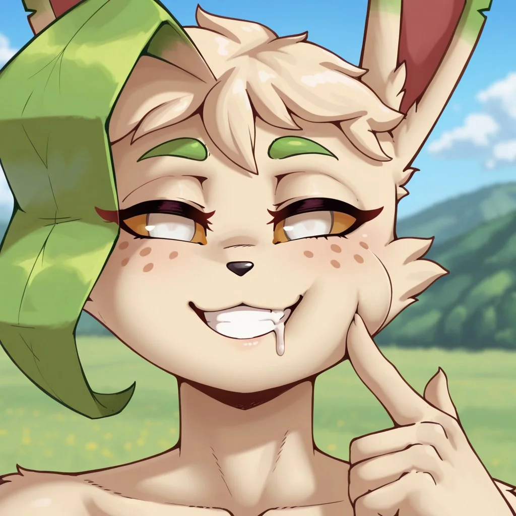 uncensored, masterpiece, best quality, highly detailed, cartoon, 1girl, solo, (MalonGM, furry, anthro, female canine, fox, white eyes, amber sclera, black nose, green eyebrows, green hair strand, light-tan hair, light-tan body, short hair, freckles on face), face focus, closeup, smile, smirk, grin, looking at viewer, detailed background, front view, empty eyes, outdoors, cheek bulge, bulging cheek, drool, slightly open mouth, poking cheek,