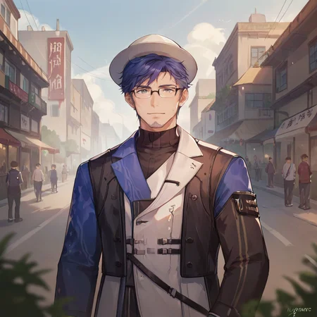 score_9, score_8_up, score_7_up, rating_safe, BREAK, yuanwu solo, glasses, hat, male, in a chinese city, crowd, on a street,
