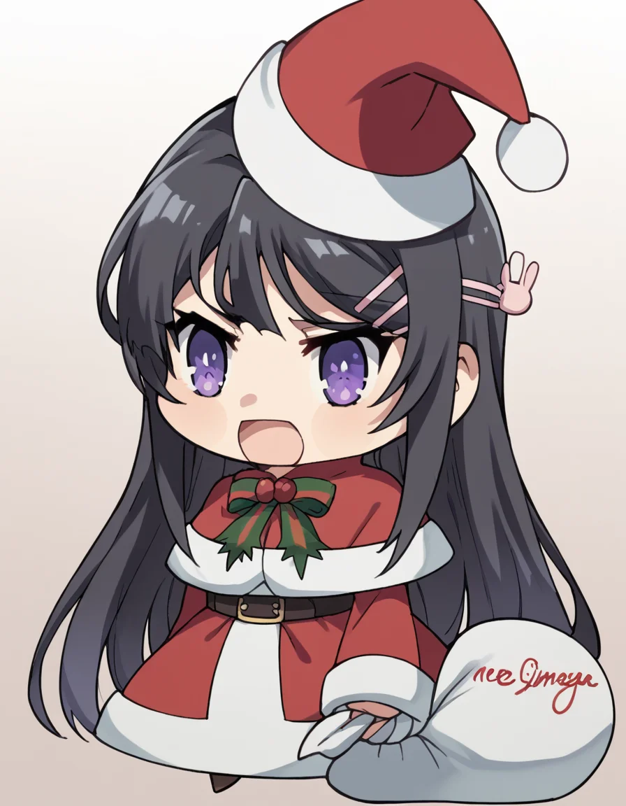 score_9, score_8_up, score_7_up, source_anime, <lora:mai-sakurajima-s1-ponyxl-lora-nochekaiser:1> mai sakurajima, long hair, bangs, black hair, hair ornament, purple eyes, hairclip, rabbit hair ornament, medium breasts,, <lora:padoru-ponyxl-lora-nochekaiser:1>, padoru, padoru (meme), holding sack, sack, santa hat, meme, christmas, open mouth, chibi, red capelet, santa dress, capelet, fur-trimmed headwear,, ,