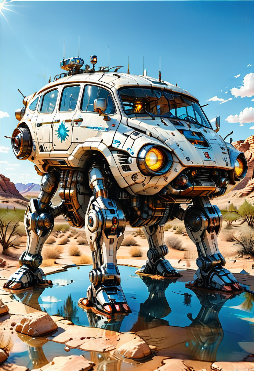 robot, no humans, mecha, reflection, science fiction, sun, non-humanoid robot, outdoors, sky, cloud, solo, water, blue eyes, desert, tree, mountain, glowing,
Walking vehicle, car
(ultra sharp focus:2), (detailed windows:2), (thin lines:2), 
(best quality:1.8),
<lora:Apparatus - Traction City Walkers Vehicles_epoch_11:0.8>