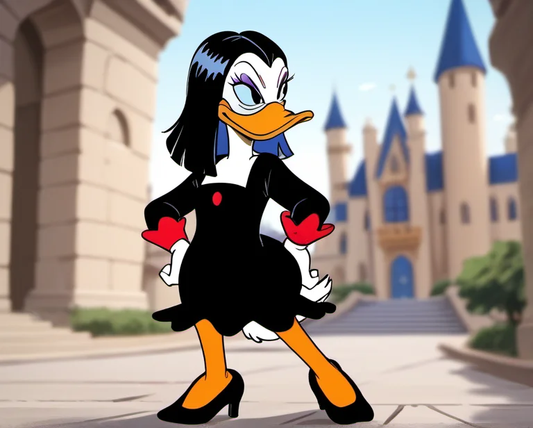 score_9, score_8_up, score_7_up, 1girl, solo, mdsdt1, duck, looking at viewer, beak, furry, black hair, black eyes, dress, bird tail, makeup, short, furry female, eyeshadow, orange legs, hand on hip, smirk, high heels, full body, castle, blurry background, toon \(style\), <lora:mdsdt1-000009:1>,