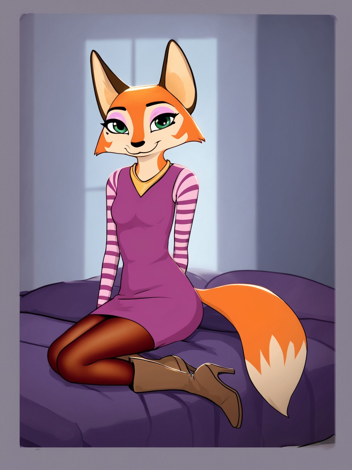 score_9,score_8,source_furry,
<1girl:1.5>,
<solo:1.5>,
fox girl, meika_rracer, meika_fox, 1girl, solo, tail, furry female, furry, half-closed eyes, happy, smile, sitting, dress, green eyes, animal ears, long sleeves, high heels, fox tail, pantyhose, looking at viewer, fox ears, breasts, striped, orange fur, short hair, makeup, yellow fur, small breasts, closed mouth, body fur, eyeshadow, shirt, full body, boots, animal nose, artist name, brown footwear, purple dress, sleeveless, watermark, short dress, white fur, orange hair, safe, casual, casual clothes,
 <lora:Meika_Rimba_Racer_Pony_SDXL:1> meika_rracer