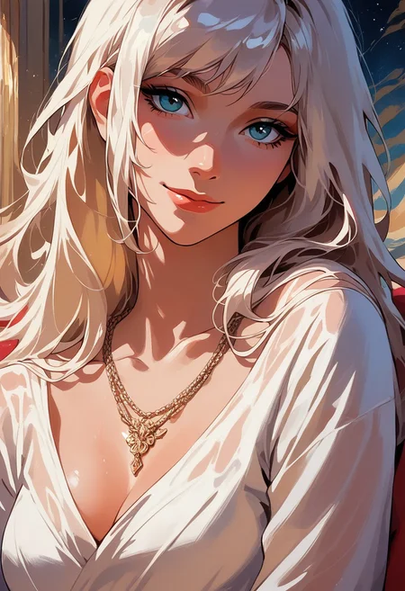 score_9, score_8_up, score_7_up, score_6_up, source_cartoon, 1girl, female, solo, femenine, petite, lean, pale skin,, soaking wet hair, smile, diaphonous white dress, bronze necklace, medium breasts, female focus, official style, close up, perfect anatomy, perfect face, standing, abstract beauty, beautiful, centered, looking at the camera, approaching perfection, dynamic, moonlight, highly detailed, watercolor painting, artstation, concept art, smooth, sharp focus, illustration, portrait