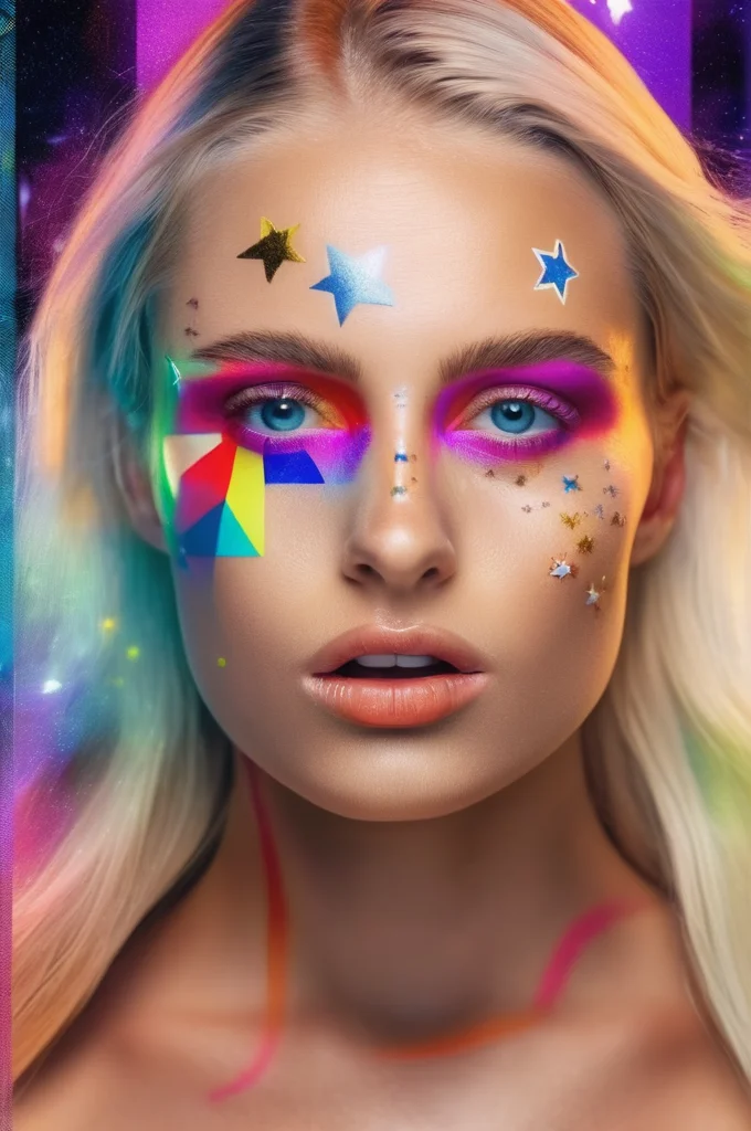 portrait photo of an 20 years old european blonde haired woman, style \(artistic makeup with colorful lines and circles and stars\), 8k, uhd, realistic, detailed skin, insane detailed, Illumination daylight, <lora:makeup_050_cosine_iter2_ 0012_sdxl_10epoches_adafactor-step00006200:1>, open mouth