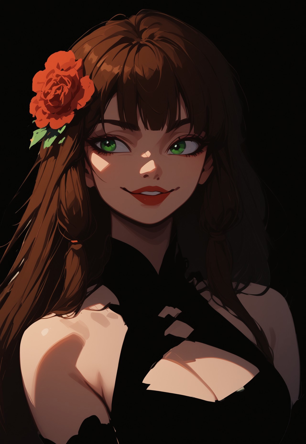 safe_pos, (Blend_in, black background), score_9, score_8_up, score_7_up, masterpiece, (high contrast, sidelightning, upper body), eye_focus, mature, stunning, 1girl, solo, imtdlilaross, long hair, low-tied long hair, green eyes, blunt bangs, brown hair, rose (flower) hair ornament, hair tubes, matte red lips, black china dress, halter neck, cleavage cutout, bare shoulders, black elbow gloves, smile, looking to the side