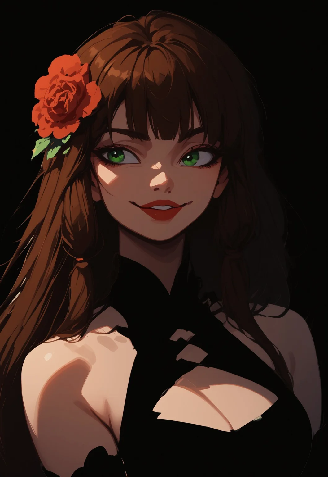 safe_pos, (Blend_in, black background), score_9, score_8_up, score_7_up, masterpiece, (high contrast, sidelightning, upper body), eye_focus, mature, stunning, 1girl, solo, imtdlilaross, long hair, low-tied long hair, green eyes, blunt bangs, brown hair, rose (flower) hair ornament, hair tubes, matte red lips, black china dress, halter neck, cleavage cutout, bare shoulders, black elbow gloves, smile, looking to the side