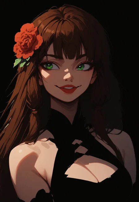 safe_pos, (Blend_in, black background), score_9, score_8_up, score_7_up, masterpiece, (high contrast, sidelightning, upper body), eye_focus, mature, stunning, 1girl, solo, imtdlilaross, long hair, low-tied long hair, green eyes, blunt bangs, brown hair, rose (flower) hair ornament, hair tubes, matte red lips, black china dress, halter neck, cleavage cutout, bare shoulders, black elbow gloves, smile, looking to the side