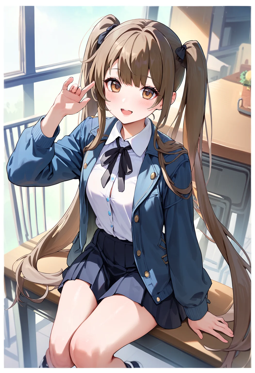 score_9,score_8_up,score_7_up,<lora:PDFA_Style7256193366v4:0.8>,1girl,solo,bangs,blush,smile,looking at viewer,upper body,indoors,:d,black footwear,black jacket,black ribbon,black skirt,blue hair,blue jacket,border,brown eyes,brown hair,collared shirt,dress shirt,full body,hand up,hand on own hip,jacket,knees together feet apart,long hair,long sleeves,neck ribbon,open clothes,open mouth,pleated skirt,ribbon,shirt,shoes,sitting,skirt,sneakers,standing,twintails,very long hair,white border,white shirt