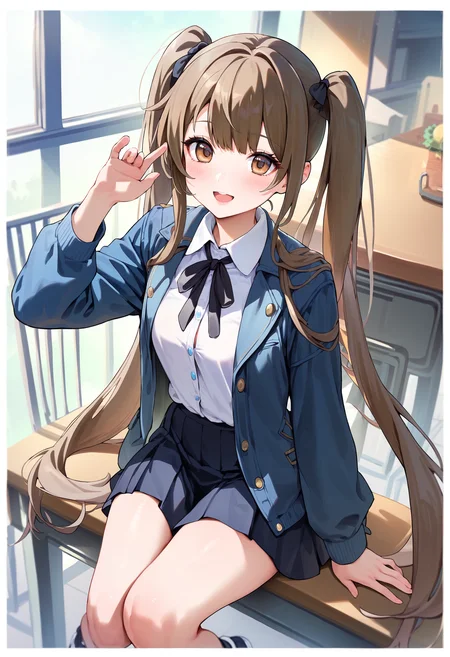 score_9,score_8_up,score_7_up,<lora:PDFA_Style7256193366v4:0.8>,1girl,solo,bangs,blush,smile,looking at viewer,upper body,indoors,:d,black footwear,black jacket,black ribbon,black skirt,blue hair,blue jacket,border,brown eyes,brown hair,collared shirt,dress shirt,full body,hand up,hand on own hip,jacket,knees together feet apart,long hair,long sleeves,neck ribbon,open clothes,open mouth,pleated skirt,ribbon,shirt,shoes,sitting,skirt,sneakers,standing,twintails,very long hair,white border,white shirt