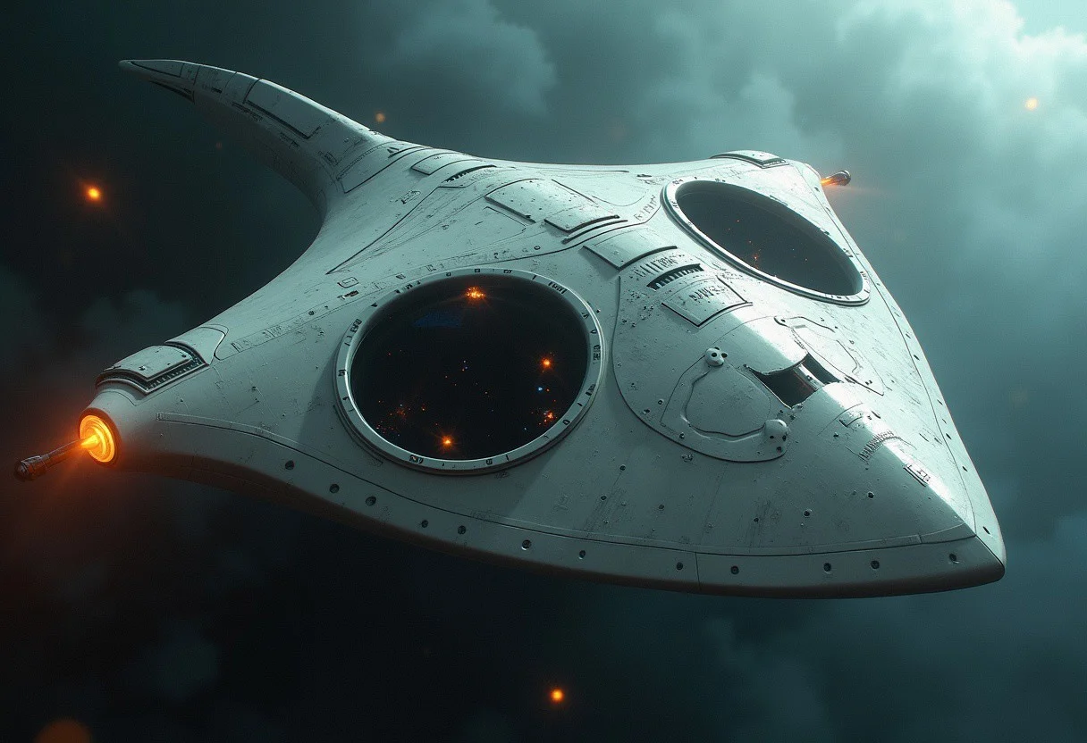 science fiction, futuristic, starship shaped vaguely like a manta ray, two large circular viewing ports on the underside