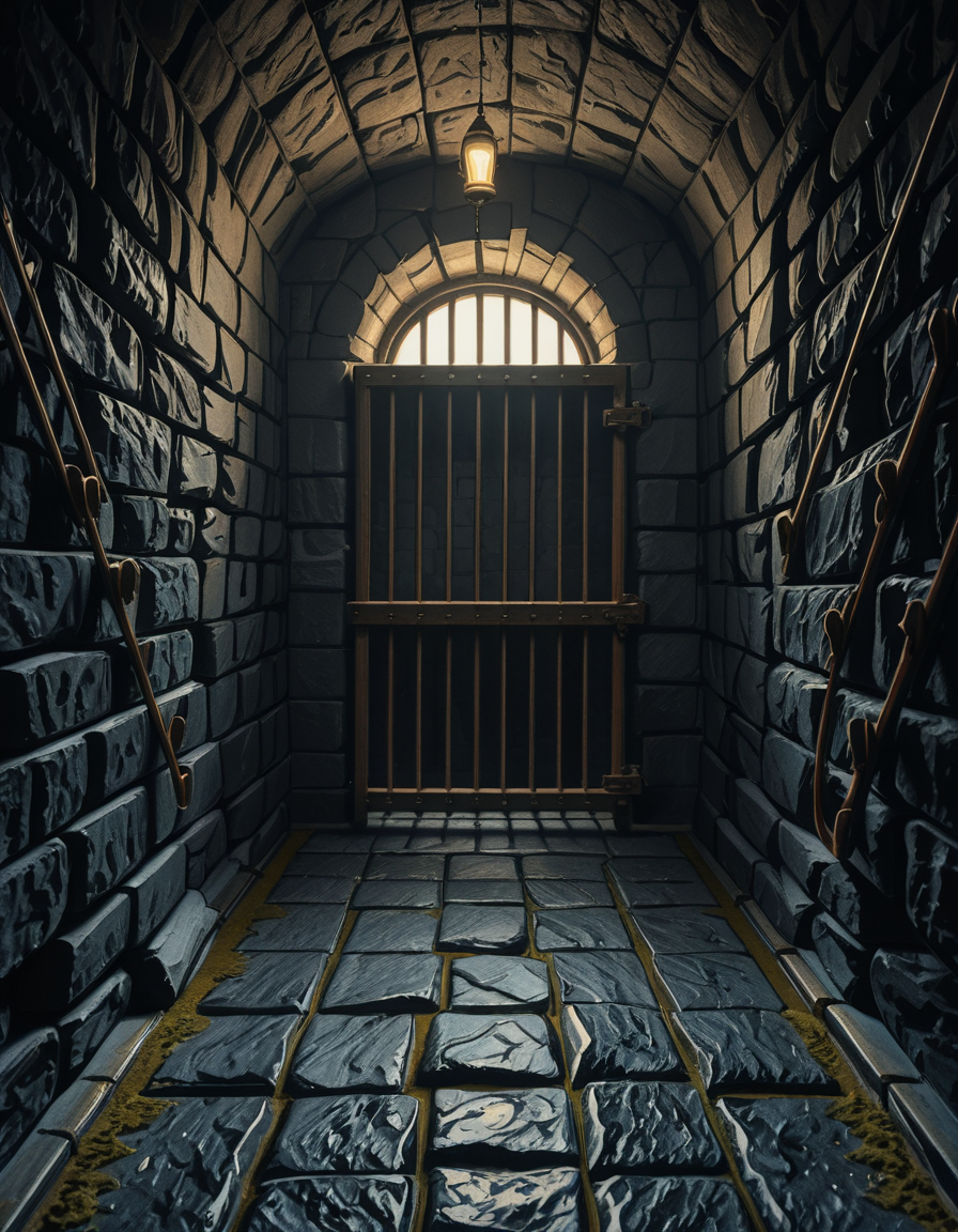 A highly detailed, hyper-realistic photograph of a dark medieval dungeon prison cell. The scene is dimly lit by a single flickering torch mounted on a damp stone wall, casting eerie shadows across the rough, moss-covered stones. Heavy, rusted iron bars form the cell door, slightly ajar, with visible corrosion and ancient padlocks. Inside the cell, there is a straw-covered floor, old wooden buckets, and a crude, splintered wooden bench against the back wall. Chains and manacles hang loosely from the walls, showing signs of long-term use. The atmosphere is cold, humid, and oppressive, with faint light rays piercing through tiny cracks in the stone ceiling. Cobwebs stretch across the corners of the cell, and faint water drips from above, creating small puddles. The overall mood is grim, desolate, and foreboding. Photorealistic style, with high dynamic range (HDR) lighting and extreme attention to textures like rust, moisture, and decay.
<lora:SDXLFaeTastic2400:0.4> <lora:extremely_detailed:0.4> extremely detailed,medieval dungeon pr1s0n c3ll <lora:medieval_dungeon_pr1s0n_c3ll-i:1>, Masterpiece,best quality,hi res,8k,hi res,8k,award winning,(sharp focus, intricate, highly detailed),