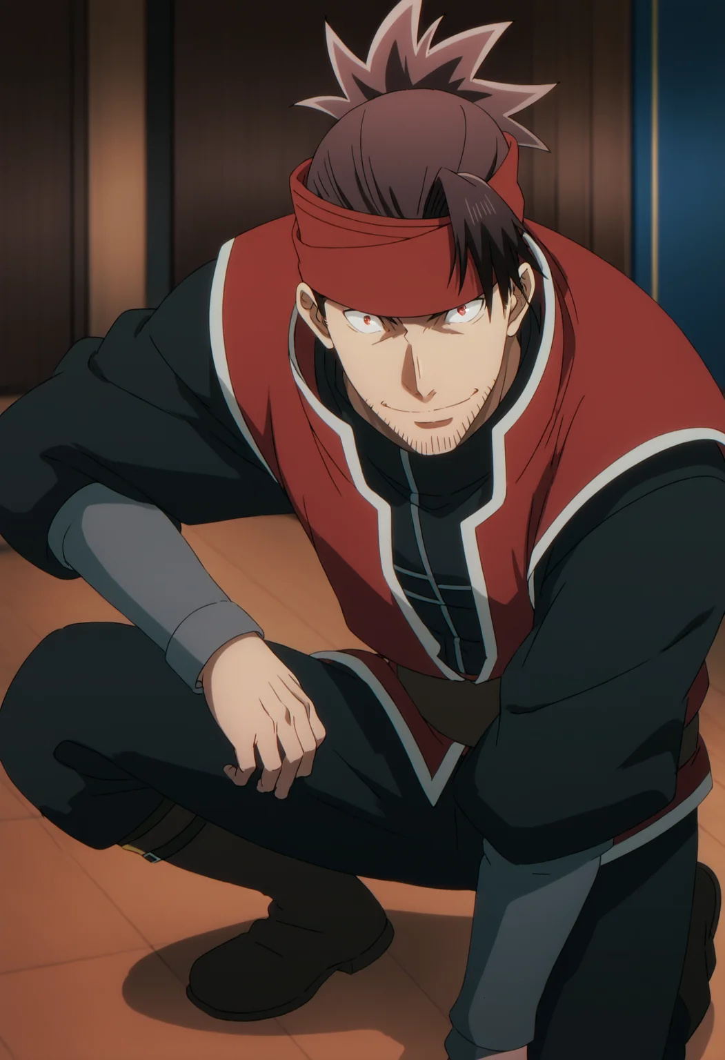 1boy,  rex_eminenceinshadow, brown hair, slicked back hair, ((top knot)), red headband, red eyes, stubble, black under shirt, red vest, veiny arms, score_7_up, score_6_up, score_8_up, score_9, ((anime color)), looking at viewer, detailed eyes, 8k uhd, high quality, medieval, room, smile, front view, kneel with one leg, knee on floor, hand on knee, from above
