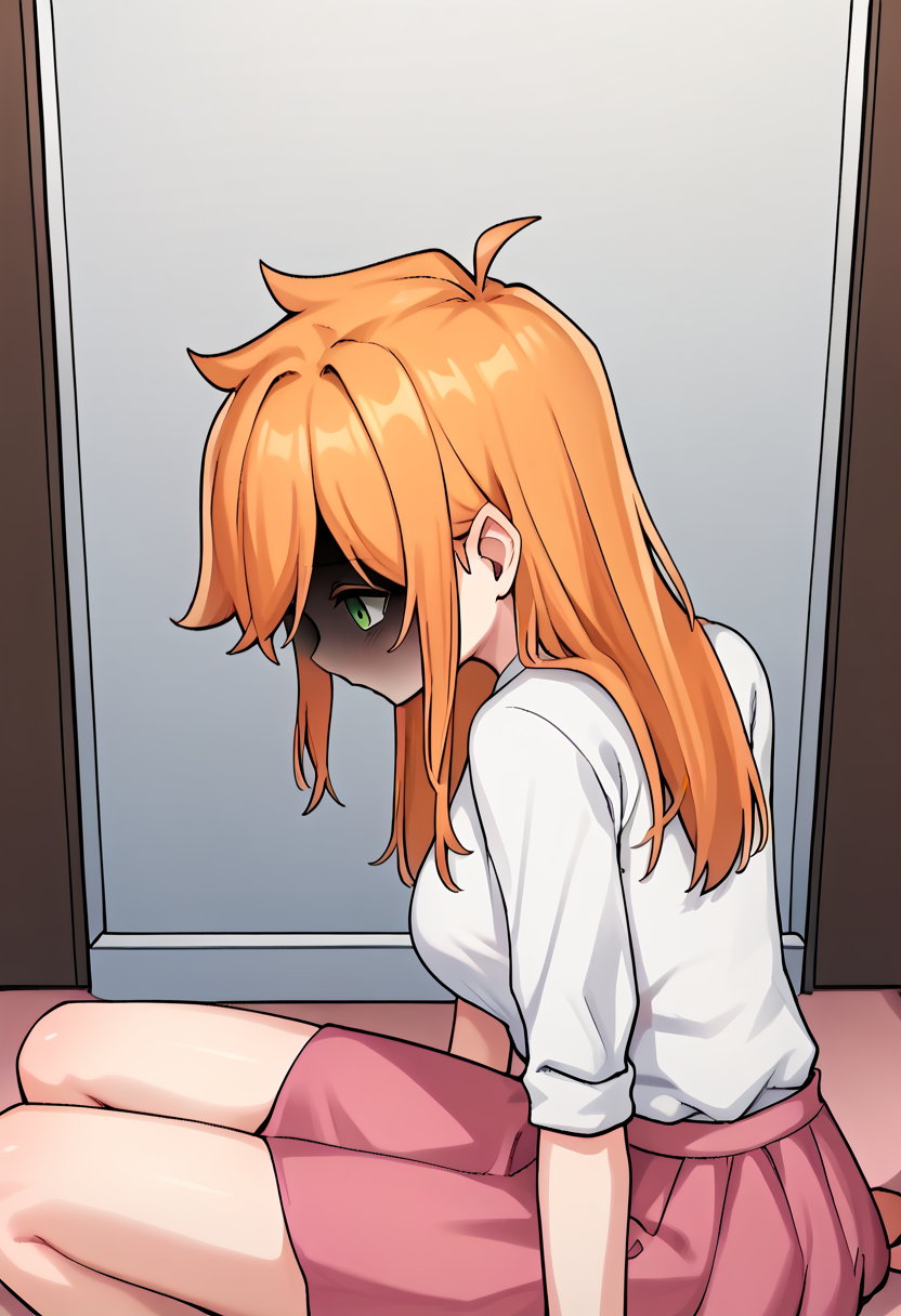 score_9, score_8_up, score_7_up, score_6_up, score_5_up, score_4_up, source_anime, 1girl, solo,    <lora:Alex_Moja:1> mmalex, orange hair, green eyes, white shirt, pink skirt,  <lora:Slumped__Concept_Pose__Possessed_Pose:0.9> slumped, leaning forward, from above, dangling arms, shaded face
from side, sitting, wariza, shaded face