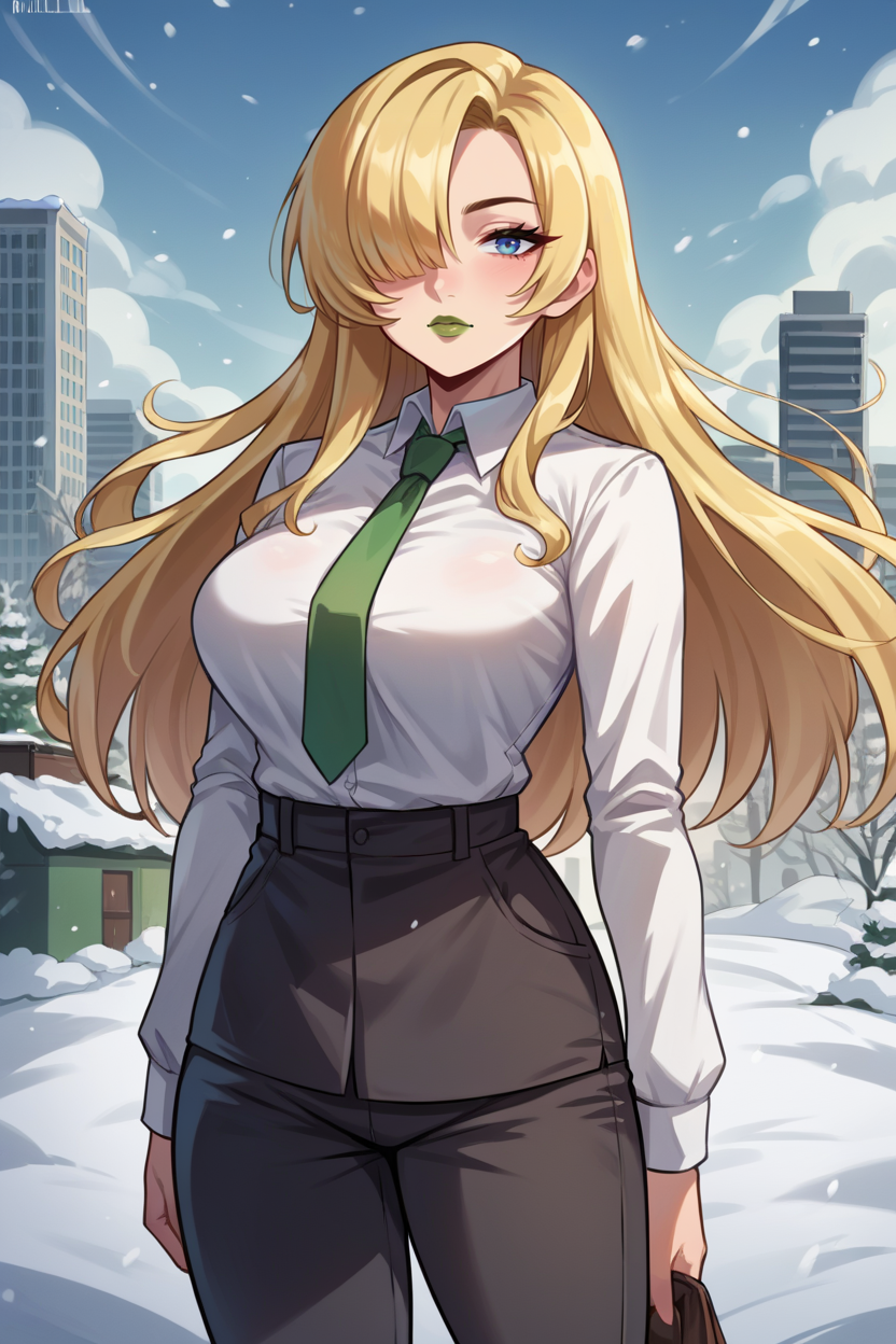 score_9, score_8_up, score_7_up, score_6_up, source_anime, BREAK 1girl,  <lora:sniperwolf-pdxl-nvwls-v1-000006:0.9> snprwlf, blonde hair, hair over one eye, large breasts, green lipstick, dress shirt, long sleeves, green necktie, snow, winter, black pants, city, grey sky