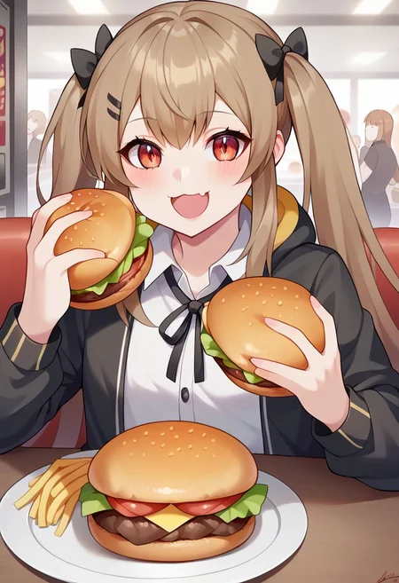 score 9, score 8 up, score 7 up, detailed background, shiny skin, <lora:ump9.pony:1>, ump9, def, restaurant, sitting, fast food, burger, eating burger, happy, catface: (:3:1.8),