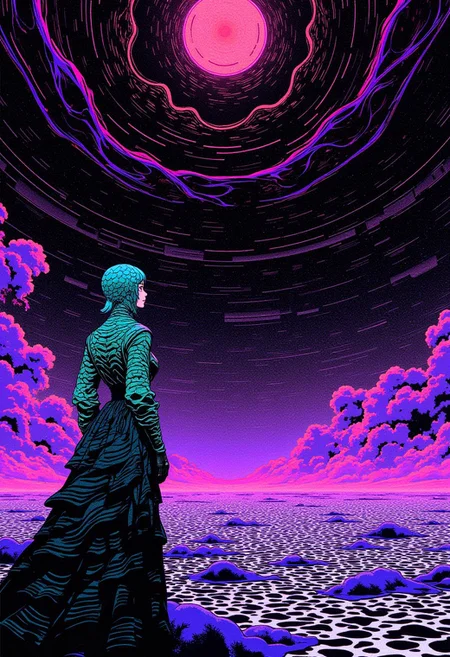 ne0nfant4sy A surreal, abstract digital landscape stretches before us, where a glitched market looms under a vast, purple and black sky. The medieval merchant lady stands at the market's edge, her teal and blue scales shimmering in the eerie glow. The market, fragmented and distorted, pulses with intricate dot and line patterns, casting hypnotic wavy shapes across the scene. Above, the void stretches endlessly, swirling with vivid, otherworldly hues that blend fluidly with the dark sky.
The patterns and colors twist unnaturally, with vibrant psychedelic tones stark against the high-contrast, minimalistic background. Amidst this chaotic yet captivating scenery, the merchant lady gazes into the void, her figure framed by the surreal, flowing motion of the glitching world around her. The strange mix of the distorted market, the alien sky, and the tranquil yet eerie scene creates a visual both majestic and unsettling, where the familiar warps into the unknown in a mesmerizing display. (fluid motion: 2.5) (high contrast: 2.3)