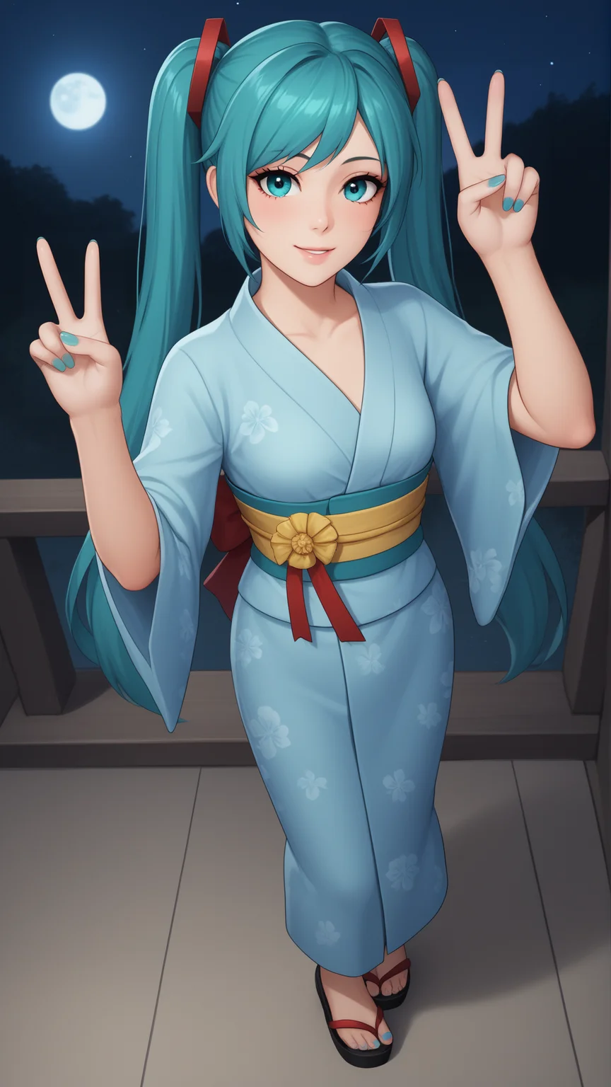 <lora:3d:0.8>, 3dr7, mature female
score_9, score_8_up, score_7_up, BREAK source_anime, best quality, masterpiece, ultra detailed,
<lora:Everlasting_Summer_Miku_by_GraffMetal:0.7>, miku, aqua hair, aqua eyes, twintails, long hair, very long hair, 1girl, solo,
smile, blush,
black eyeliner cat eye, pink lips, aqua short nails,
aurora, cloud, fireflies, floral print, japanese clothes, kimono, moon, moonlight, night, night sky, obi, sash, shooting star, sky, starry background, starry sky, tree, twilight, yukata, small breasts, peace sign, full body,
amazing background, looking at the viewer, looking at the camera, portrait, , from above,