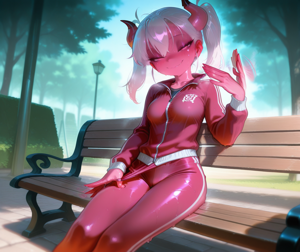 1girl, solo, petite, medium breasts, , , demon girl, BREAK
,
sweat, sitting, park bench, fanning self, track jacket, long sleeves, sports pants, outdoors, seductive smile, horny, blush, sexy smile, pulling own clothes
,
masterpiece, best quality, very aesthetic, absurdres, Detailed face, (detailed background:1.1), <lora:Zhigga_Mix_Blur:1>
