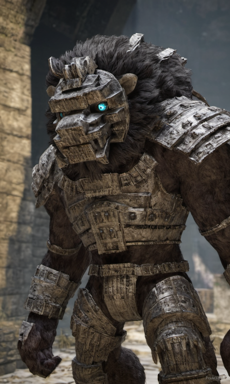 large lion,armor,furry,mask, in the ruins,size difference,epic,masterpiece,glowing eyes,cinematic,50nm dof,bokeh,realistic,sharp focus,ultra detailed,128k uhd,awardwinning,trending on artstation,giant,oversized, <lora:shadowofthecolossus-000004:0.8> sotc