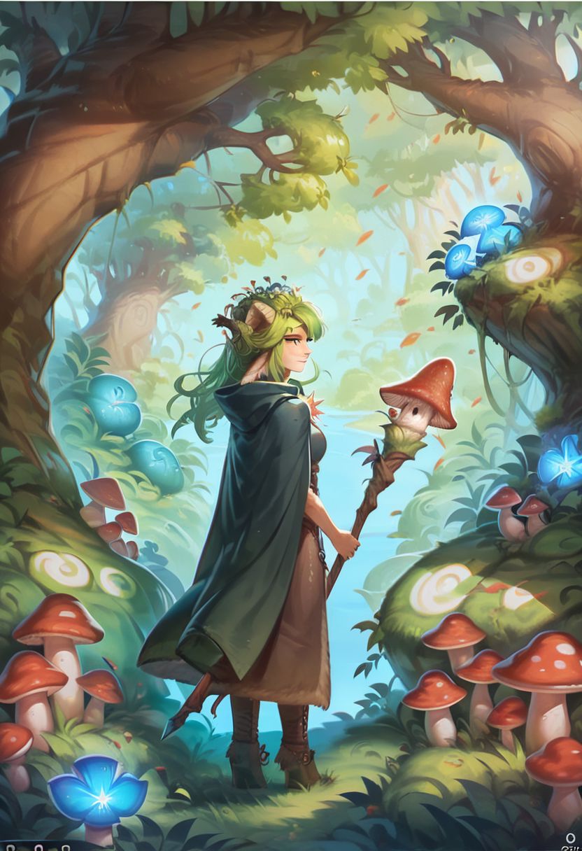 score_9, score_8_up, score_8, 1girl, smooth, highly detailed, green hair, perfect, high quality, yellow eyes, high definition, in public,cinematic lighting, goat legs, wielding a gnarled glowing staff, dark forest, wearing a cloak, mushroom forest, red mushrooms, twilight, nighttime, bioluminescence