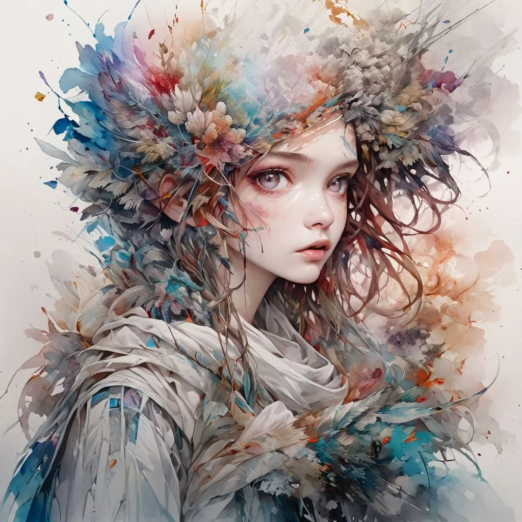 Dreamy artist with palette, by Minjae Lee, Carne Griffiths, Emily Kell, Steve McCurry, Geoffroy Thoorens, Aaron Horkey, Jordan Grimmer, Greg Rutkowski, amazing depth,high resolution, ink painting