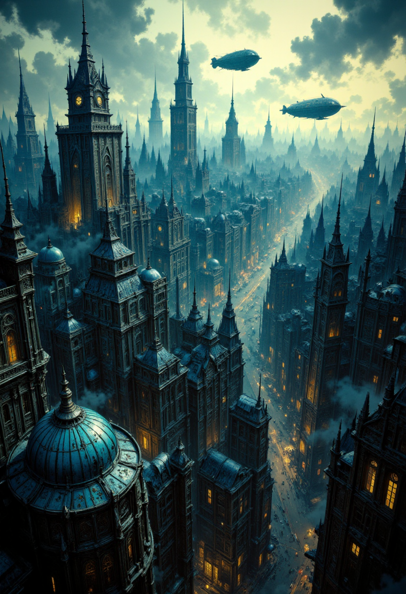 depicting a sprawling, fantastical cityscape with a steampunk aesthetic. The layout is a wide panoramic view showcasing a dense array of intricately designed buildings with pointed spires, domes, and elaborate architectural details. The structures are predominantly dark with hints of blue and bronze, creating a moody atmosphere. In the sky, several airships float among the clouds, adding to the steampunk theme. The city is bathed in a soft, diffused light, suggesting either dawn or dusk, with a warm glow emanating from windows and streetlights. Smoke rises from chimneys, contributing to the industrial feel. The foreground features a large, ornate dome with intricate patterns, while the background reveals a vast city stretching into the distance, with towering buildings silhouetted against the sky. The overall scene is rich in detail, evoking a sense of wonder and adventure.