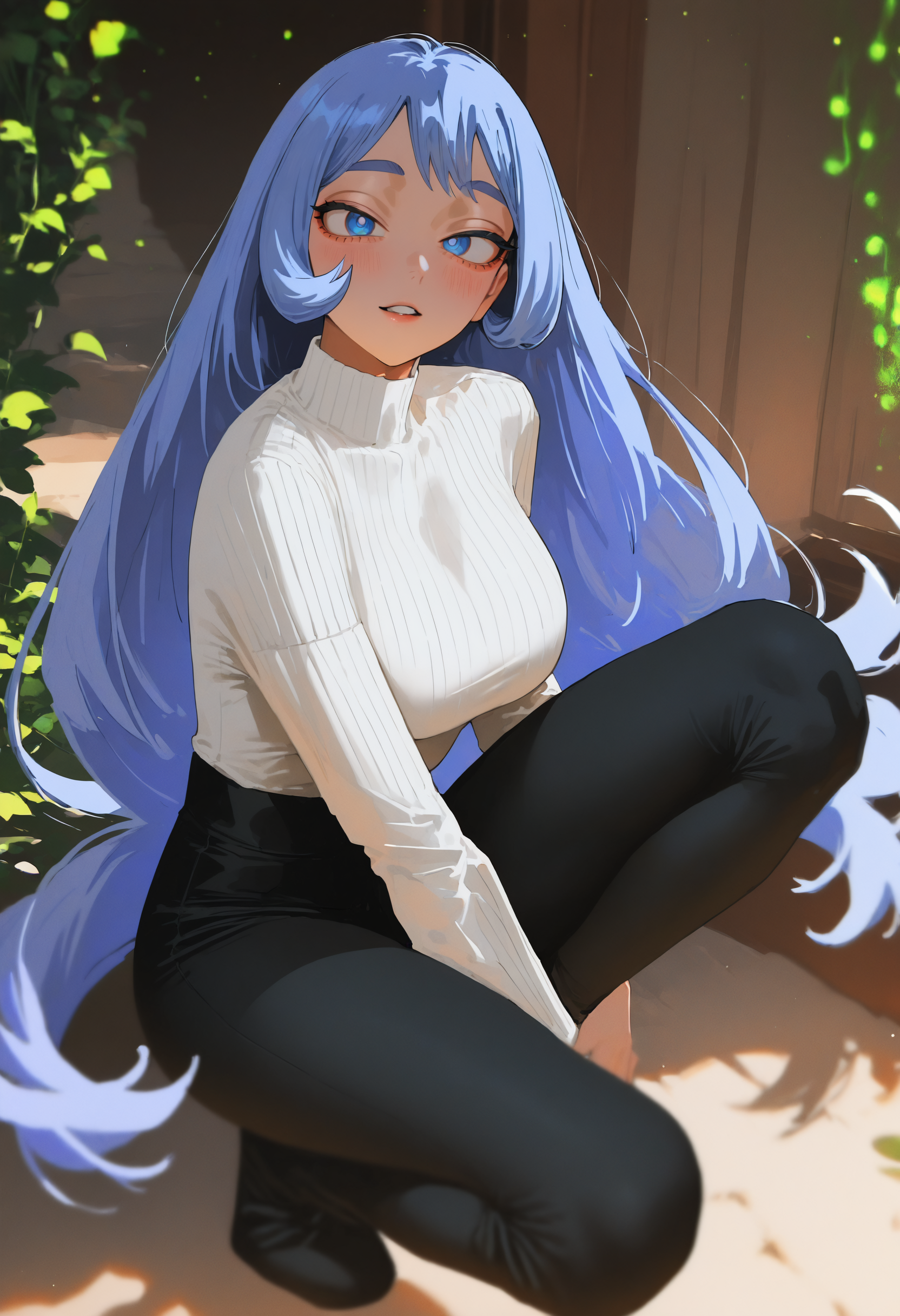 masterpiece, best quality, newest, absurdres, highres, very awa, anime screencap, film grain, painting \(medium\), no lineart, sketch, ambient occlusion, depth of field, intricate background, ethereal glow, ethereal particles, dappled light, bXVrd, hadou nejire, 1girl, blue eyes, solo, blue hair, long hair, looking at viewer, breasts, sweater, pants, parted lips, blush, squatting, very long hair, black pants, hand between legs, turtleneck, tight pants, between legs, light blue hair, long sleeves, tight clothes, ribbed sweater, medium breasts, white sweater
