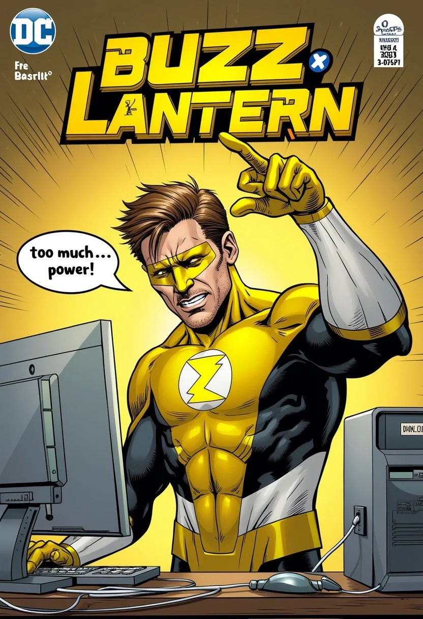 Superhero comic cover. On top, the yellow cover title says: "BUZZ LANTERN". and a small sub-title line that says "Unlimited Generations". Bellow a drawing of a yellow lantern style superhero, with (a thunderbolt logo in his chest). The superhero is standing in pain, pointing his shiny ring to his computer screen. He has a speech ballon that says: "too much...power."