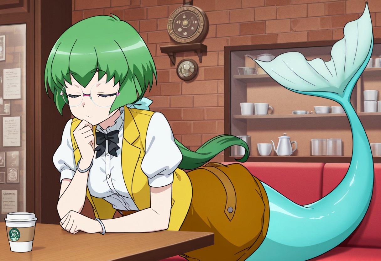 score_9, score_8_up, score_7_up, score_6_up, high resolution, gorgeous, absurdres, best quality, anime screencap, source_anime, official art, 1girl, Coda, green hair, green eyes, long hair, ponytail, hair ribbon, glasses, medium breasts, monster girl, mermaid, mermaid tail, green tail, white shirt, short puffy sleeves, bowtie, frills, yellow vest, brown skirt, bracelet, thinking, closed eyes, hand to chin, sherlock pose, cafe, coffee cup, drinking, facial shot, solo