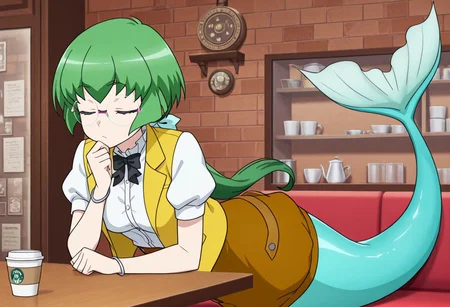 score_9, score_8_up, score_7_up, score_6_up, high resolution, gorgeous, absurdres, best quality, anime screencap, source_anime, official art, 1girl, Coda, green hair, green eyes, long hair, ponytail, hair ribbon, glasses, medium breasts, monster girl, mermaid, mermaid tail, green tail, white shirt, short puffy sleeves, bowtie, frills, yellow vest, brown skirt, bracelet, thinking, closed eyes, hand to chin, sherlock pose, cafe, coffee cup, drinking, facial shot, solo