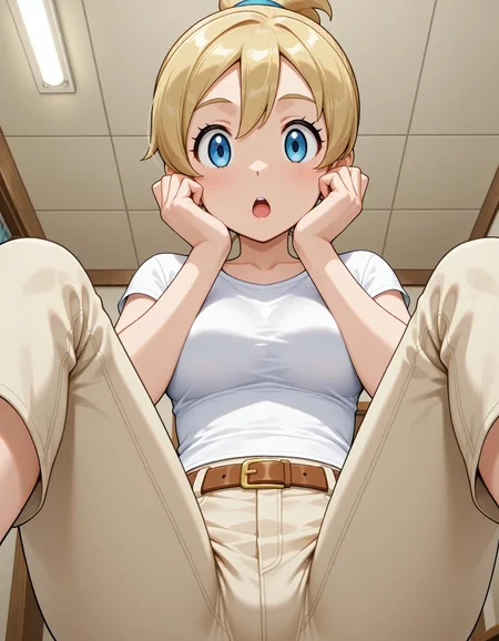 1girl,solo,masterpiece,best quality,anime screencap,pokemon,flat color,
<lora:backpackerBW_pokemon_v1_IL:0.7>,blue eyes,blonde hair,bangs,white shirt,beige pants,brown belt,hair between eyes,short sleeves,short ponytail,high ponytail,breasts,topknot,tareme,
open mouth,<lora:dmd2_sdxl_4step:1>,looking at viewer,:o, the scream,m legs, sitting, cowboy shot, surprised,indoors, ceiling,home,looking down, out-of-frame censoring,hands on own cheeks